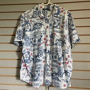 Tapestry Hawaiian Shirt Palm Tree Floral Print Short Sleeve‎ Made in USA Large
